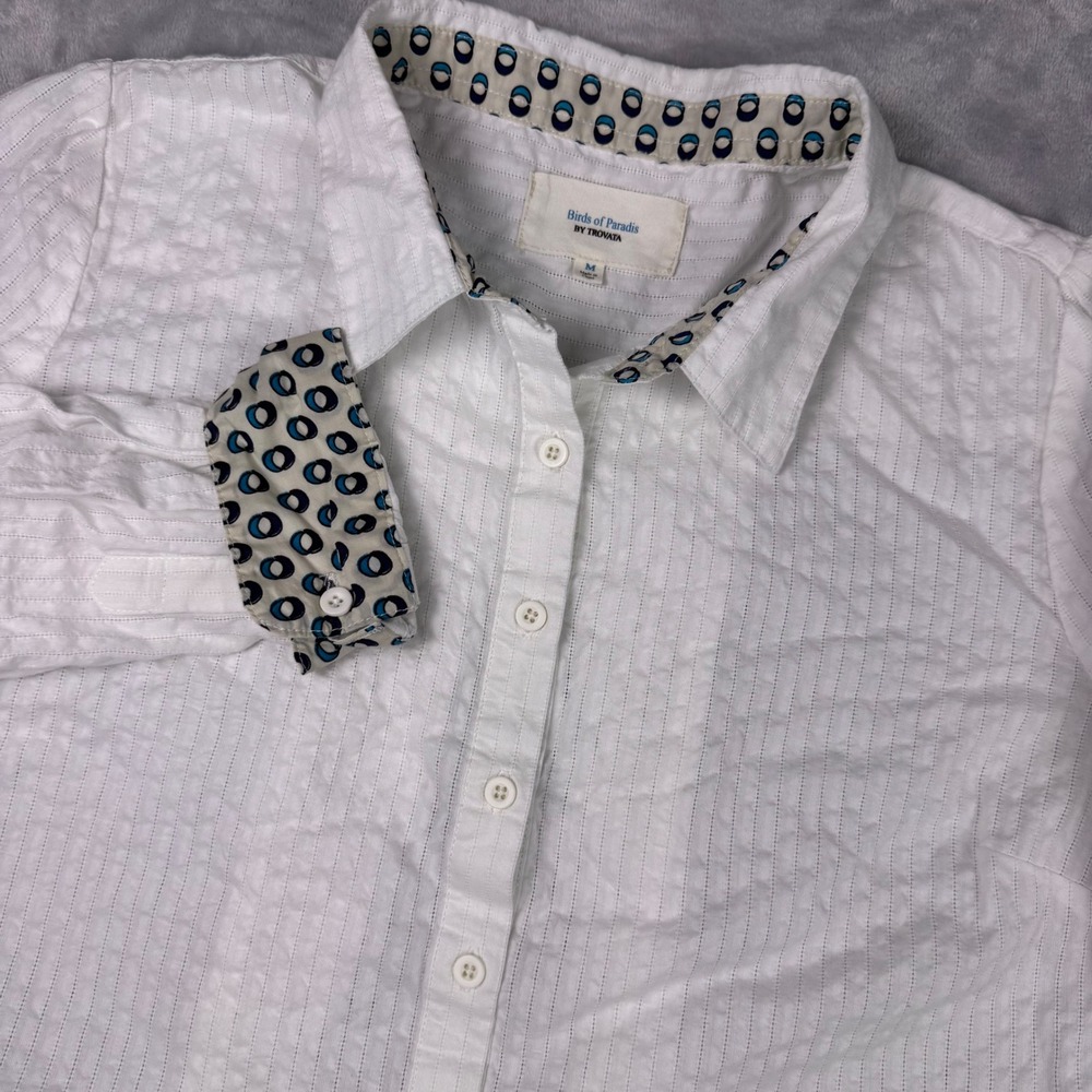 Birds‎ of Paradis by Trovata White Cotton Lace Back Dobby Stripe Shirt Medium